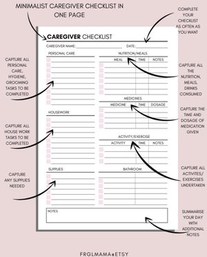 Caregiving Daily Tasks Log, A4 A5 Printable, Elderly Care Caregiving Checklist, Daily cleaning, Daily Tasks, Housekeeping, Care log Template