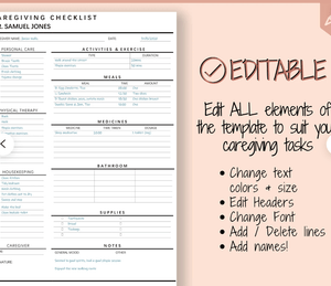 Caregiving Elderly Care Checklist. EDITABLE Printable is ideal for Caregivers. Daily cleaning, Daily Tasks, Housekeeping, Care log Template