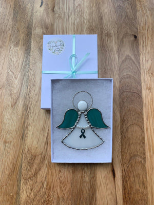 Teal Ribbon Ovarian Cancer Awareness Angel Ornament, Stained Glass Suncatcher, Remembrance Angel, Christmas, Guardian Angel, Miniature,