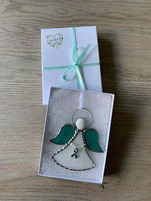 Teal Ribbon Ovarian Cancer Awareness Angel Ornament, Stained Glass Suncatcher, Remembrance Angel, Christmas, Guardian Angel, Miniature,