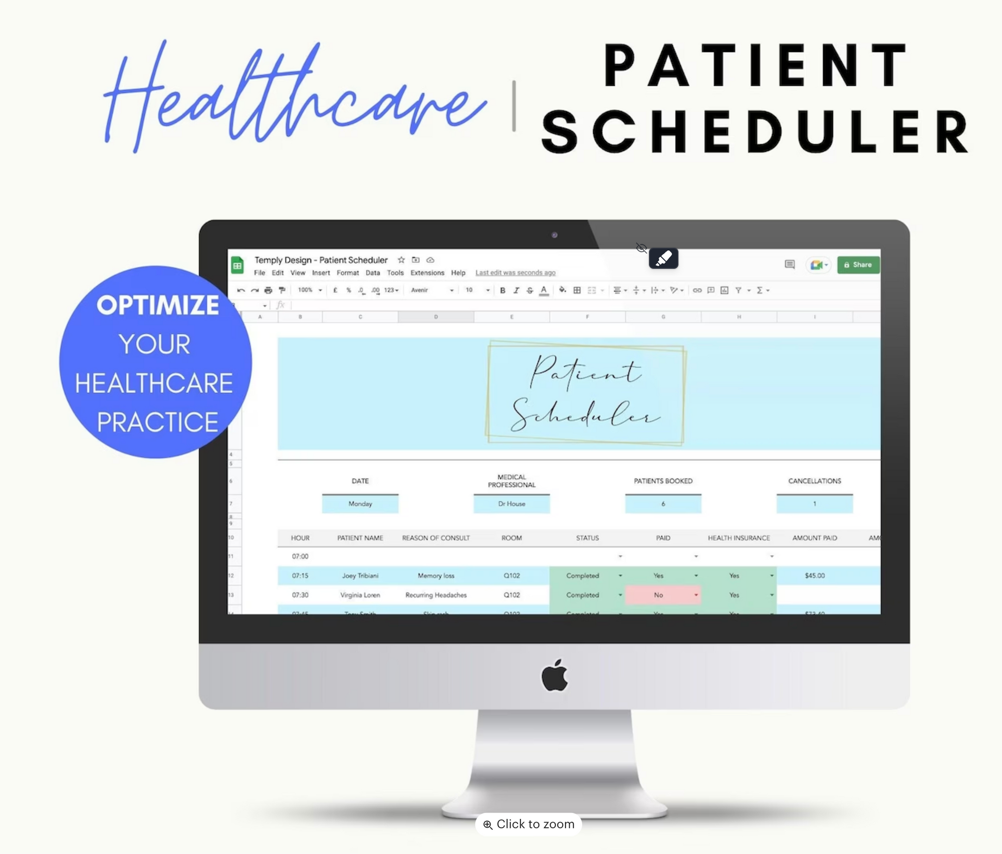 Patient Scheduler, Excel and Google Spreadsheet, Medical Planner for Clinic Admin, Patient Appointment Tracker, Registry Doctor and Nursing