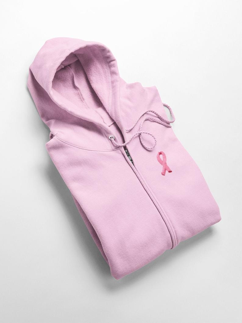 Embroidered Pink Ribbon Pocket Print Adult Breast Cancer Awareness Full Zip Hoody