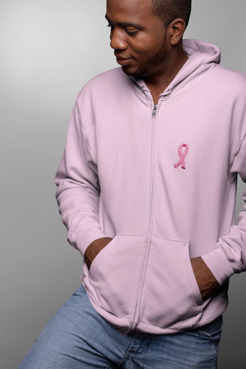 Embroidered Pink Ribbon Pocket Print Adult Breast Cancer Awareness Full Zip Hoody