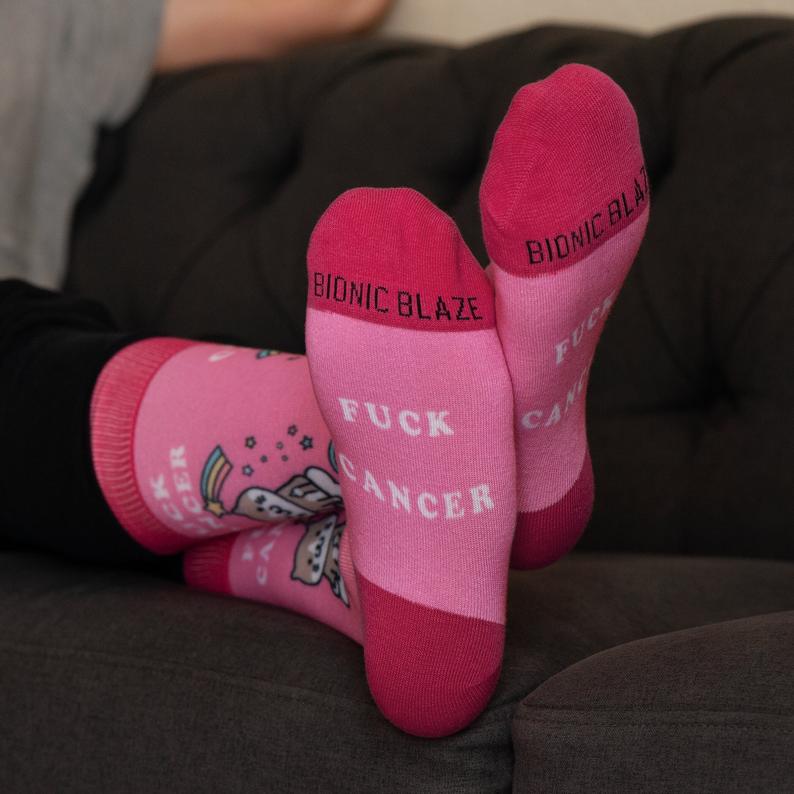 Fuck Cancer Novelty Sock - Pink Cat - Cancer Survivor Designed &amp; Owned