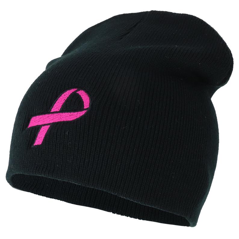 Breast Cancer Awareness Pink Ribbon Embroidered Short Beanie