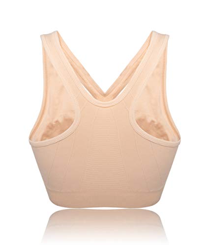 FLORATA Women&#39;s Sports Bra Wireless Post Surgery Bra Zip Front with Removable Pads Yoga Bra for Workout Fitness Beige