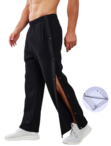Deyeek Men&#39;s Cotton Tear Away Post-Surgery Fleece Pants High Split Snap Button Casual Basketball Sweatpants with Pockets