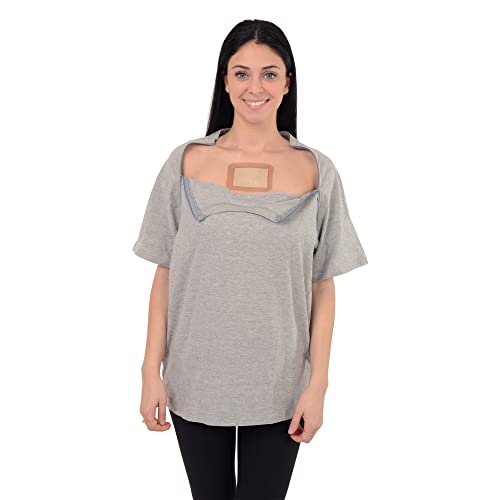 USBD Premium Port Access Chemo Tshirt Recovery Dual Access Tee Side Open Shirt (Small, Gray/Women)