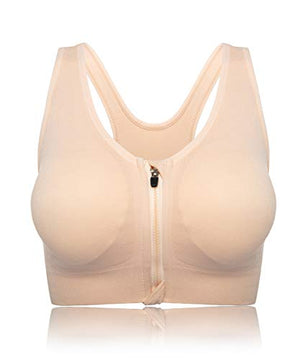 FLORATA Women's Sports Bra Wireless Post Surgery Bra Zip Front with Removable Pads Yoga Bra for Workout Fitness Beige
