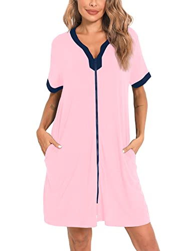 SWOMOG Zip Up Dress for Women Post Surgery Short Sleeve Robe Modal Nightgown Sleepwear with Pockets