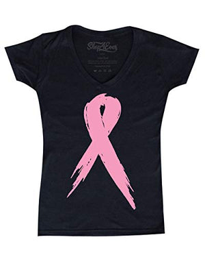 shop4ever Pink Breast Cancer Ribbon Women's V-Neck T-Shirt Slim Fit X-Small Black
