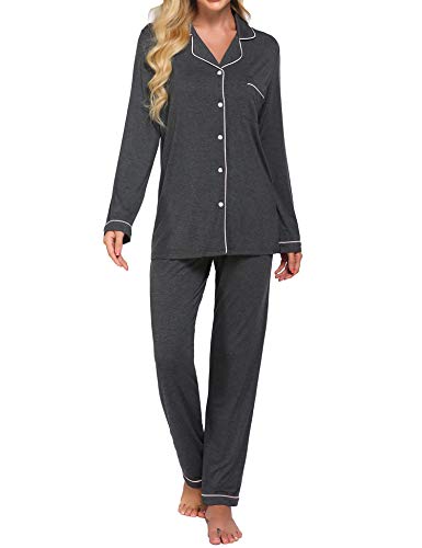 Ekouaer Womens Long Pajama Sets Comfortable Relaxed Button Front Sleepwear(Deep Flower Gray,Medium)