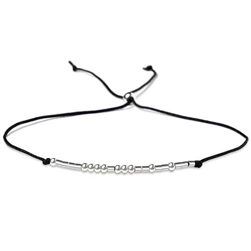 Morse code Bracelet Sterling Silver Beads on Silk Cord Gift for women Girls