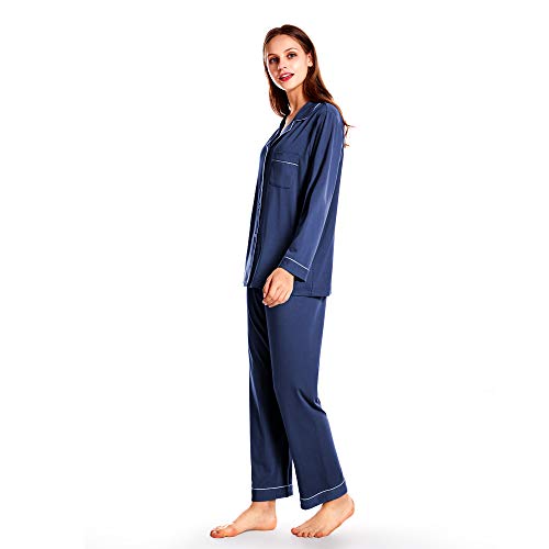 Ham&amp;Sam bamboo women&#39;s pajamas set sleepwear jersey knit long sleeve breathable button down nightgown soft pjs lounge sets. Navy