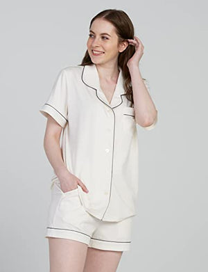 LAPASA Women's Knit Pyjama Set Sleepwear Loungewear PJs with Pockets Button Down XL, (Short Sleeve) White