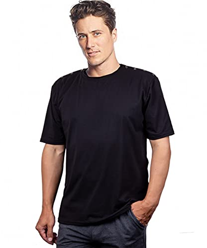 Shoulder Surgery Shirts, Unisex Rehab Shirt with Discreet Shoulder Snaps, Chemo Clothing, Short Sleeve Shirt Men &amp; Women (Black, Medium)