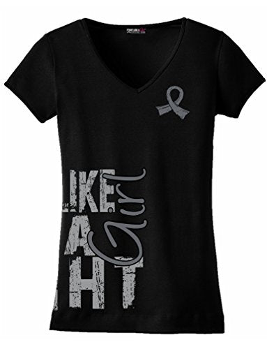 Fight Like a Girl Side Wrap Ladies V-Neck T-Shirt for Brain Cancer, Parkinson&#39;s Disease, Diabetes Awareness - Black w/Grey [S]