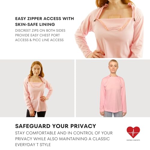 Inspired Comforts Women&#39;s Chemo Port Access Shirt with Dual Chest Zips | Full Sleeve | 100% Cotton | M, Pink