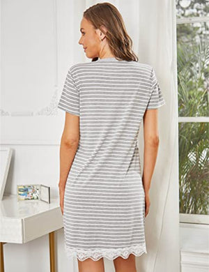 Ekouaer Women's Nightgown Striped Tee Short Sleeve Comfy Sleep Nightshirt Button Down Pajama Dress S-XXXL