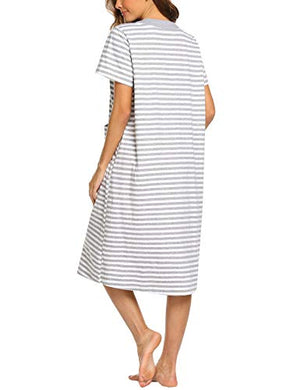 Ekouaer Zip Sleepwear Cotton Nightgowns Short Sleeve Nightdresses Striped Sleepdresses with Pockets for Women (XXL, White)