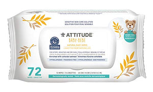 ATTITUDE Sensitive Skin Baby Wipes, Hypoallergenic Unscented All Natural Baby Wipes, Wipes Dispenser 72 Count Fragrance-Free
