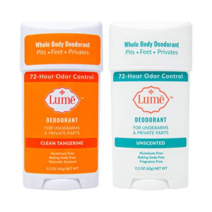 Lume Natural Deodorant - Underarms and Private Parts - Aluminum Free, Baking Soda Free, Hypoallergenic, and Safe For Sensitive Skin - 2.2 Ounce Stick Two-Pack (Clean Tangerine & Unscented)