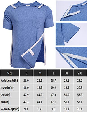 Deyeek Men's Post Shoulder Surgery Shirts Recovery Tear Away Short Sleeve Full Open Side Snap Dialysis Chemo Clothing
