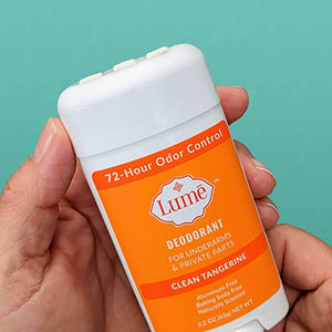 Lume Natural Deodorant - Underarms and Private Parts - Aluminum Free, Baking Soda Free, Hypoallergenic, and Safe For Sensitive Skin - 2.2 Ounce Stick Two-Pack (Clean Tangerine & Unscented)