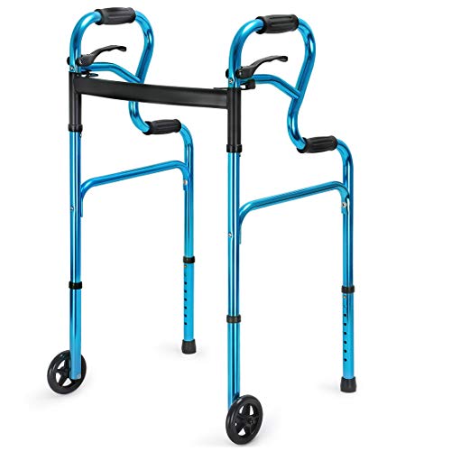 Health Line Massage Products 3-in-1 Stand-Assist Folding Walker with 5" Wheels Supports up to 350lbs, Walking Mobility Aid with Glide Skis, Can be Used as Toilet Safety Rail, Compact & Portable, Blue