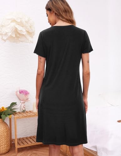 Ekouaer Women&#39;s Nightshirt Short Sleeve Button Down Nightgown V-Neck Sleepwear Pajama Dress, Black, XX-Large