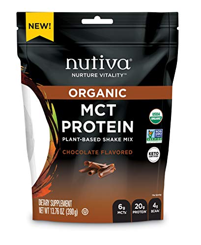 Nutiva Organic MCT Protein Plant-Based Shake Mix, Chocolate, 13.76 Ounce | USDA Organic, Non-GMO, Non-BPA | Vegan, Gluten-Free, Keto & Paleo | 6g MCTs & 20g Clean Protein