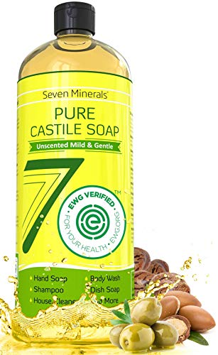 Seven Minerals Pure Castile Soap 33.8 fl oz - No Palm Oil, GMO-Free - Unscented Mild &amp; Gentle Liquid Soap For Sensitive Skin &amp; Baby Wash - All Natural Vegan Formula with Organic Carrier Oils
