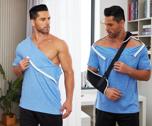 Deyeek Men&#39;s Post Shoulder Surgery Shirts Recovery Tear Away Short Sleeve Full Open Side Snap Dialysis Chemo Clothing