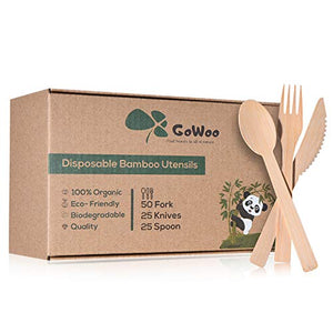 GoWoo Bamboo Disposable Cutlery Set 100 Pieces 50 Forks, 25 Spoons, 25 Knives