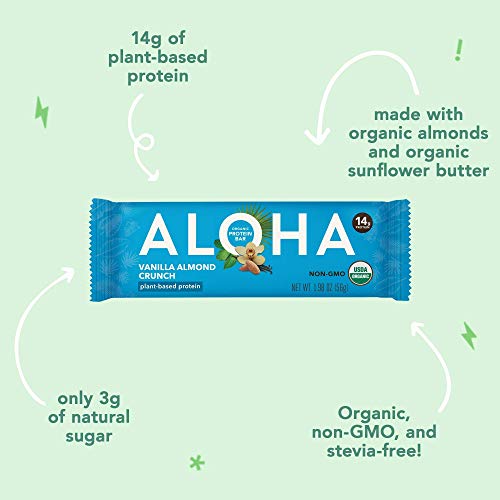 ALOHA Organic Plant Based Protein Bars |Vanilla Almond Crunch | 12 Count, 1.9oz Bars | Vegan, Low Sugar, Gluten Free, Paleo, Low Carb, Non-GMO, Stevia Free, Soy Free, Sugar Alcohol Free
