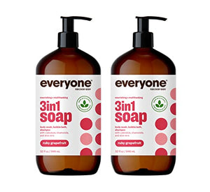 Everyone 3-in-1 Soap, Body Wash, Bubble Bath, Shampoo, 32 Ounce (Pack of 2), Ruby Grapefruit, Coconut Cleanser with Organic Plant Extracts and Pure Essential Oils (Packaging May Vary)