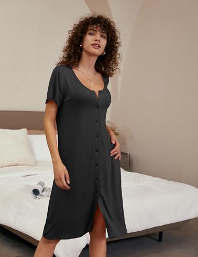 Ekouaer Women&#39;s Nightshirt Short Sleeve Button Down Nightgown V-Neck Sleepwear Pajama Dress, Black, XX-Large