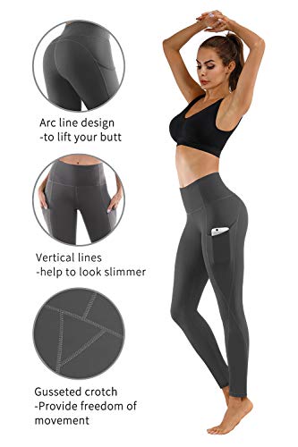 PHISOCKAT 2 Pack High Waist Yoga Pants with Pockets, Tummy Control Yoga Pants for Women, Workout 4 Way Stretch Yoga Leggings (Black+Grey, Medium)