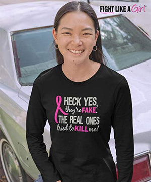 Heck Yes They're Fake Breast Cancer Long-Sleeved T-Shirt [S] Black W/Pink