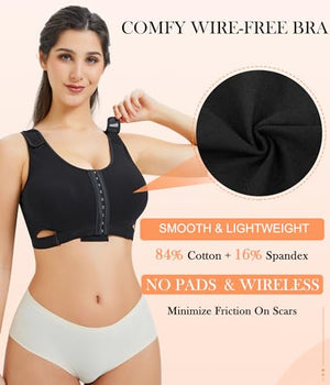 CYDREAM Women Wireless Front Closure Post Surgery Compression Everyday Bras Mastectomy Support Bra with Adjustable Straps (3X-Large, Black)