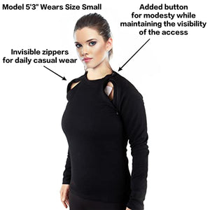 MandMcares Hemodialysis | Chemotherapy Sweater with Port Access | Invisible Left and Right Chest Zippers for Women (X-Large, Black)