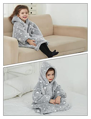 Oversized Wearable Blanket Hoodie for Kids 2-6YR, Two Layers Cozy Flannel Sherpa Blanket Sweatshirt Printed