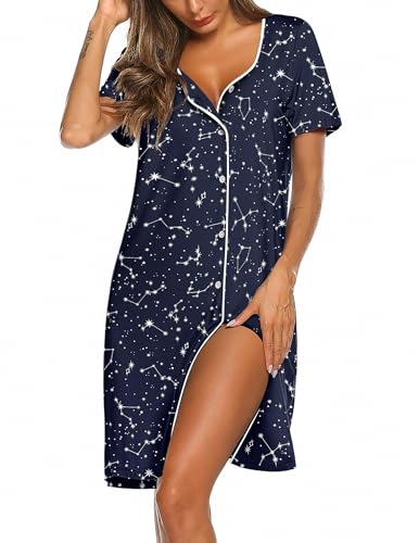 Ekouaer Women&#39;s Nightgown Short Sleeve Sleep Night Breastfeeding Nightshirt Pajamas Dress Button Down Loung Dress(Black,Star Printed)
