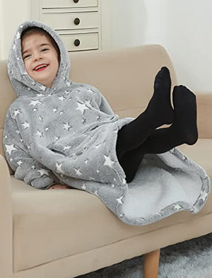 Oversized Wearable Blanket Hoodie for Kids 2-6YR, Two Layers Cozy Flannel Sherpa Blanket Sweatshirt Printed