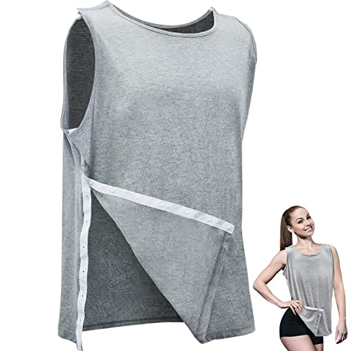 Hercicy Post Surgery Shirt Unisex Shoulder Surgery Shirts Left and Right Side Snap Access Lightweight T Shirt for Men Women (X-Large, Gray)