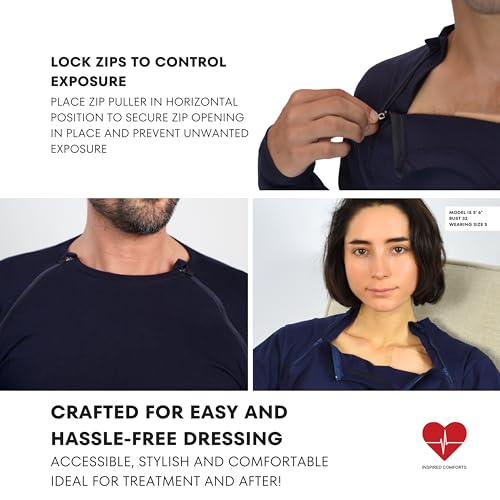Inspired Comforts Men’s/Unisex Chemo Port Access Shirt with Dual Chest Zips | Full Sleeve | 100% Cotton | L, Navy