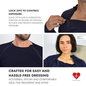 Inspired Comforts Men’s/Unisex Chemo Port Access Shirt with Dual Chest Zips | Full Sleeve | 100% Cotton | L, Navy