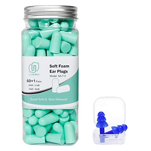 Ultra Soft Foam Earplugs 60 Pairs, 38dB SNR Noise Reduction Ear Plugs for Sleeping, Work, Travel and Shooting, (Water Blue) Lysian