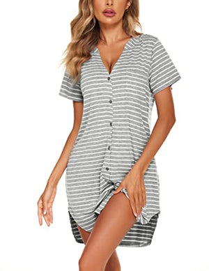 Ekouaer Sleepwear Women Short Pajama Dress Gown Striped V Neck Sleepdress Button Sleep Shirt