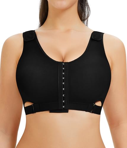 CYDREAM Women Wireless Front Closure Post Surgery Compression Everyday Bras Mastectomy Support Bra with Adjustable Straps (3X-Large, Black)